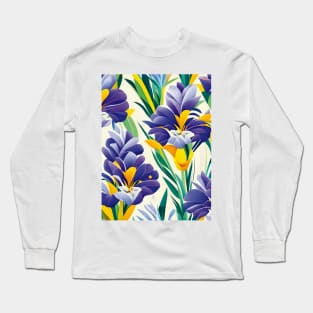 Blue Irises Abstract Motif Long Sleeve T-Shirt